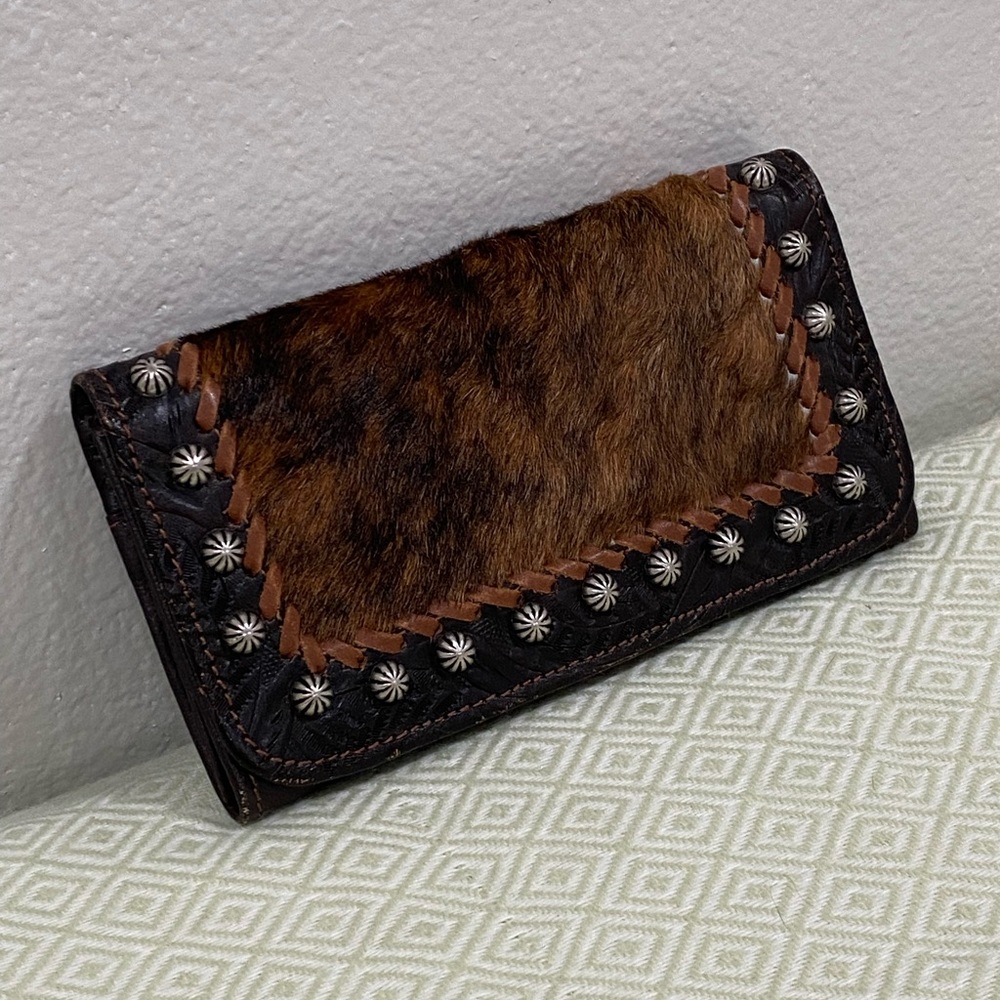 American West Genuine Leather Animal Hair Studded Tri-fold wallet
